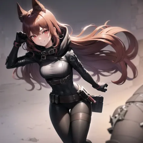 1girl, female focus, auburn hair, long wavy hair, red eyes, smirk, midnight-black mask, dark purple hood tattered cape, black body suit accents of dark purple and silver, tactical vest, gauntlets, utility belt, leggings, black combat boots, cloak enhanceme...