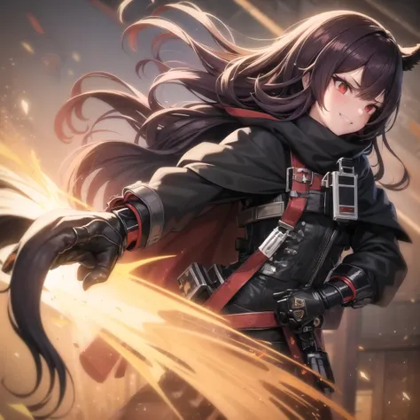 1girl, female focus, auburn hair, long wavy hair, red eyes, smirk, midnight-black mask, dark purple hood tattered cape, black body suit accents of dark purple and silver, tactical vest, gauntlets, utility belt, leggings, black combat boots, cloak enhanceme...