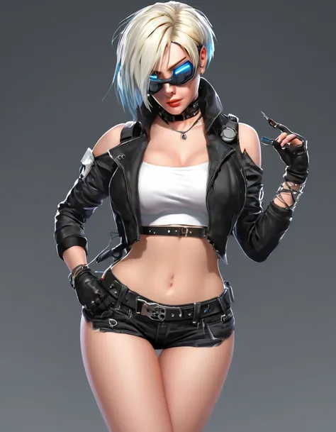 a handsome girl, solo, blond hair, asymmetrical bob, blue eyes,(bright eyes:1.2),
cyber punk black jacket, white tank top, goggles on head,
[navel], off shoulder, open jacket, black shorts, garter rings, white tights,
expressionless, blurry background, per...