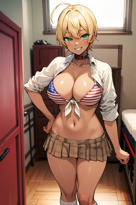 masterpiece, best quality, highres, mi1, dark skin, blonde hair, ahoge, green eyes, blue eyes, american flag bikini, plaid skirt, collar, bikini top only, tied shirt, smile, big breasts,grin,miniskirt,my room,socks,standing,midriff,socks,,(nsfw)