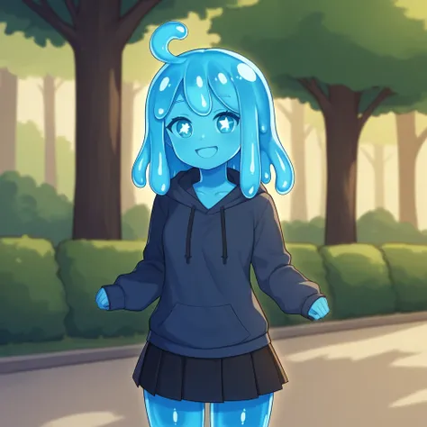 source_anime, score_9, score_8_up, BREAK slime girl, smile, (sparkling eyes:1.1), hoodie, skirt, blue skin, slime hair, park