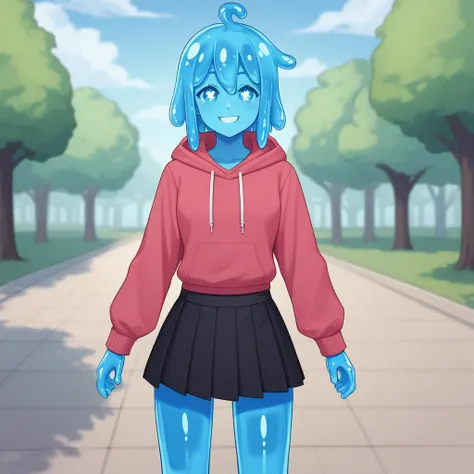 source_anime, score_9, score_8_up, BREAK slime girl, smile, (sparkling eyes:1.1), hoodie, skirt, blue skin, slime hair, park