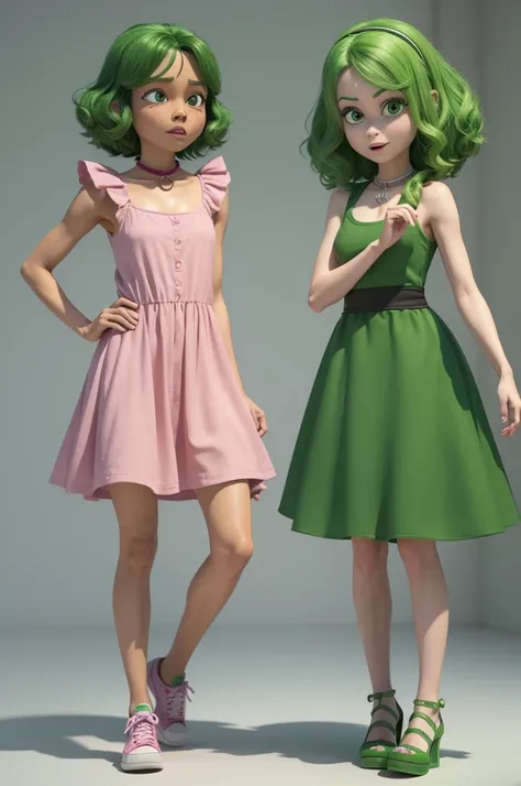 3d cartoon character from the movie Inside Out Shorty, com a pele verde, long eyelashes, greeneyes, long curly strong green hair, green dress,with ALL star style shoes, with pink bandana around her neck. snobbish-looking face, disgusting, stuck up, mocking...