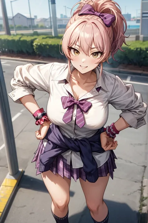 masterpiece, best quality, highres, aamika, ponytail, hair bow, collarbone, , striped, bowtie, collared shirt, white shirt, sleeves rolled up, wrist scrunchie,, clothes around waist, plaid skirt, purple skirt, socks, outdoors, hands on hips, smile,big brea...