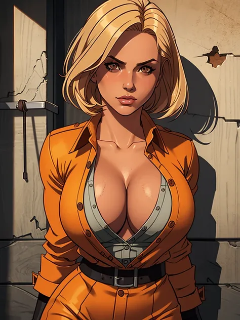 An image of a busty prisoner, blonde bob hair, gorgeous, wears orange prisoner outfit, in a penitentiary, digging the dirt, cleavage:1.2, unbuttoned shirt, (detailed skin complexion:1.2), best quality, deep color, complex shading effect, ambient occlusion,...