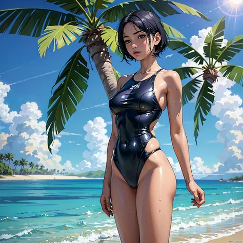 ((highest quality, masterpiece, High resolution)), ((reality)),Photos of beautiful Japanese women,((anime art))、 (((1 girl))), normal size breasts, slim body shape,  medium short hair, double eyelid, Wet see-through one-piece swimsuit,,  A pareo with bold ...