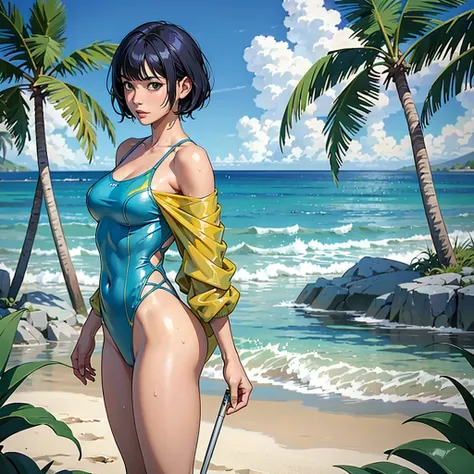 ((highest quality, masterpiece, High resolution)), ((reality)),Photos of beautiful Japanese women,((anime art))、 (((1 girl))), normal size breasts, slim body shape,  medium short hair, double eyelid, Wet see-through one-piece swimsuit,,  A pareo with bold ...