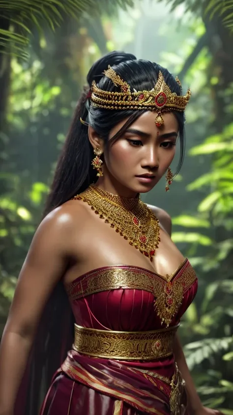 create a hyper realistic photo a beautiful indonesian woman as a hero in dynasty kingdom of majapahit, wearing small gold neklac...