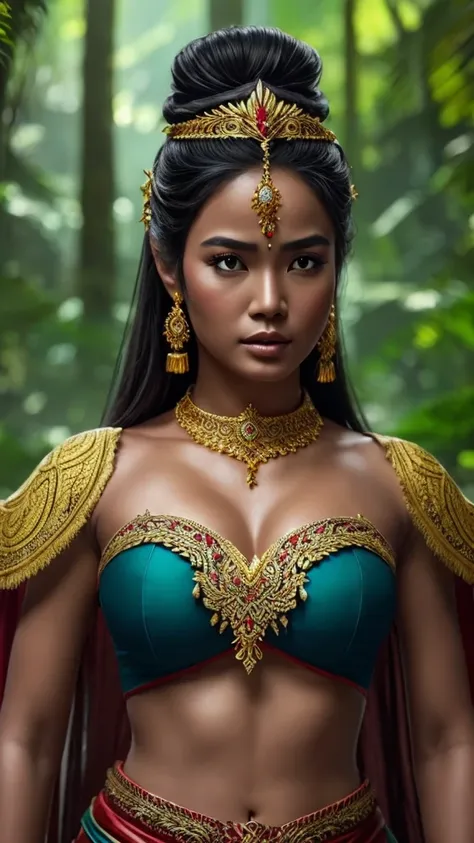 create a hyper realistic photo a beautiful indonesian woman as a hero in dynasty kingdom of majapahit, wearing small gold neklac...