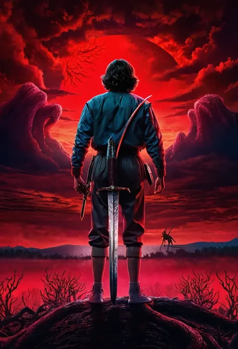 A man stands with his back, In his right hand is a sword, Red Sky, monster from the series "Stranger Things"