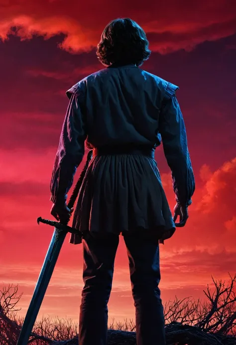 A man stands with his back, In his right hand is a sword, Red Sky, monster from the series "Stranger Things"