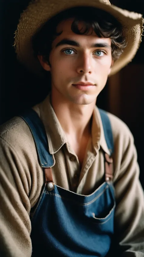 amateur photo of a man, analog, raw, f2, 35mm, an (amateur photo) of a 24 year old candid photo of a man dressed as a farmer wearing dirty clothes, under low key lighting, from above, shot on a Agfa Vista, flash photography, taken on an old camera, polaroi...