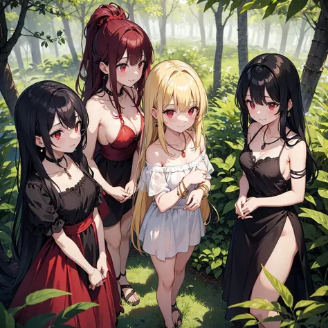 a group of beautiful witch girls in the middle of a forest in the night, standing girl , red and black hair, red eyes, young girl,scantily clad , small breasts, short black dress, necklaces, jewelry decorations, exposed shoulders light dress, transparent d...