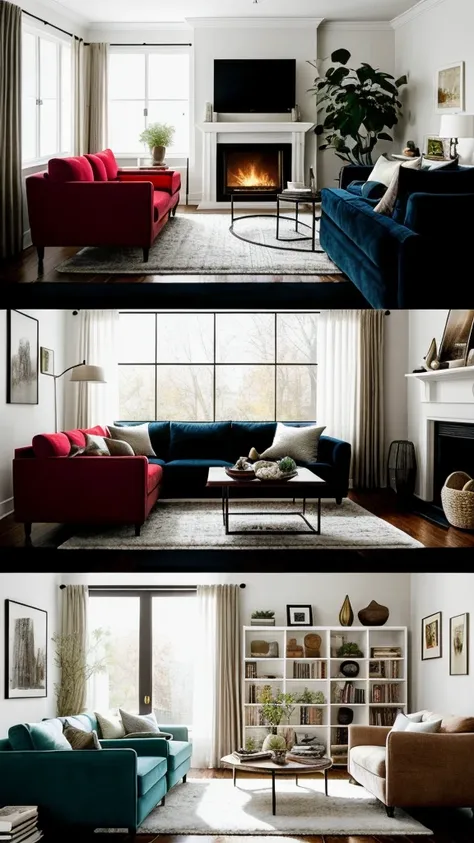 "Create an ultra-realistic, cinematic-style image in 16k resolution with low brightness, high contrast, high saturation, and high sharpness. The scene depicts the interior of a cozy, stylish living room. The room is dimly lit with warm, ambient lighting co...