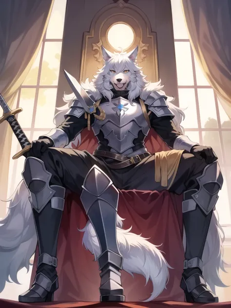 a simple man who has ears and a tail like an ice wolf and he sits on a throne holding his sword and his armor made of the finest...