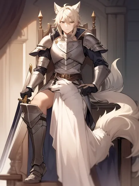 A simple man who has ears and a tail like an ice wolf and he sits on a throne holding his sword and his armor made of the finest materials. High quality