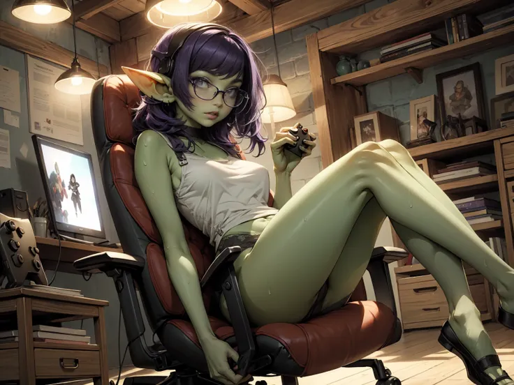 ((best quality)), ((masterpiece)), (detailed), goblin girl, (green skin), purple hair, shortstack, glasses, romantic lighting, legs up on a table, wearing underwear, sitting cross legged in chair, holding a game controller, playing video games, legs elevat...