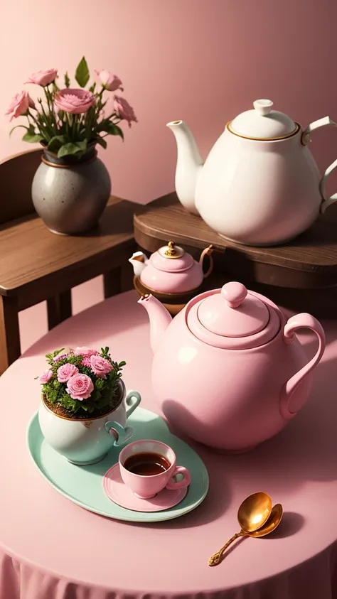 Covered table with a pink background with coffee cup and teapot with a vase of flowers next to it 