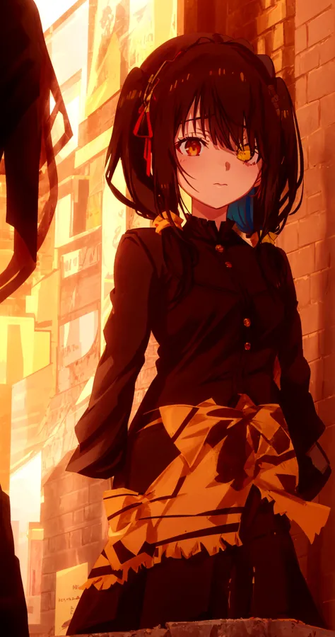 1girl, whole body, standing tall, bend back. thick, Tokisaki Kurumi, black hair, two pigtails, right eye bright red, left eye bright yellow, tokisaki kurumi