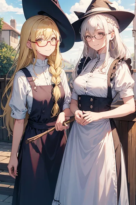 a female anime character with big round glasses and white hair wearing an apron and a witch Have, One girl, kirisame marisa, alone, broom, Have, Blonde, witch Have, smile, Yellow Eyes, apron, Long Hair, null, View your viewers, Outdoor, Grin, Braiding, clo...