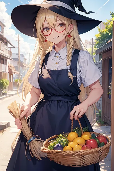 a female anime character with big round glasses and white hair wearing an apron and a witch Have, One girl, kirisame marisa, alone, broom, Have, Blonde, witch Have, smile, Yellow Eyes, apron, Long Hair, null, View your viewers, Outdoor, Grin, Braiding, clo...