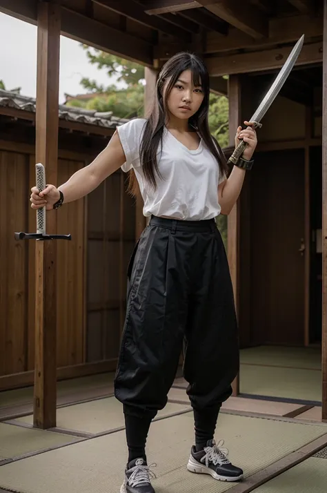 real photo.fantasy Japanese female warrior standing looking at the camera wearing typical warrior shoes while holding a long katana in a fighting pose.photos look real and HD