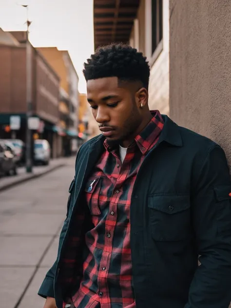 lifestyle photography, photo of a handsome black man, Meditative facial expression, red flannel shirt, black cargo pants and combat boots, close no rosto, soft lighting, greatest angle, Shot on a Fujicolor Pro