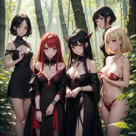 a group of beautiful witch girls in the middle of a forest in the night, standing girl , red and black hair, red eyes, young girl,scantily clad , small breasts, short black dress, necklaces, jewelry decorations, exposed shoulders light dress, transparent d...