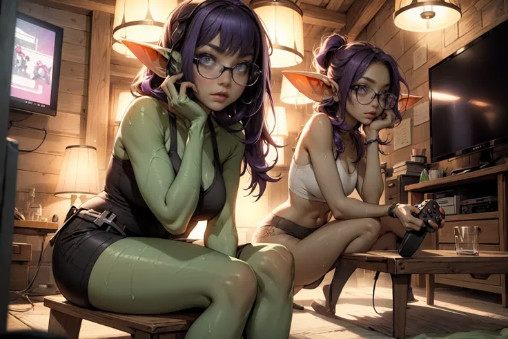 ((best quality)), ((masterpiece)), (detailed), goblin girl, (green skin), purple hair, shortstack, glasses, romantic lighting, legs up on a table, wearing underwear, sitting cross legged, holding a game controller, playing video games, 2 in the morning, wo...