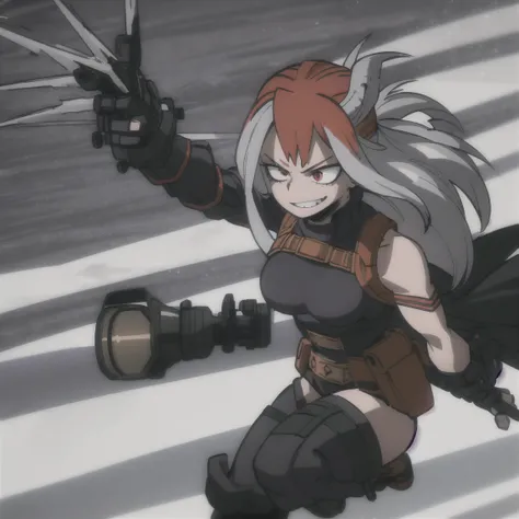 1girl, female focus, auburn hair, long wavy hair, red eyes, smirk, midnight-black mask, dark purple hood tattered cape, black body suit accents of dark purple and silver, tactical vest, gauntlets, utility belt, leggings, black combat boots, cloak enhanceme...