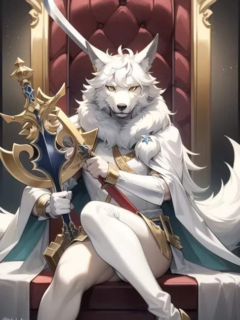 A simple man handsome 
who has ears and a tail like an ice wolf and he sits on a throne holding his sword and his armor made of the finest materials. High quality