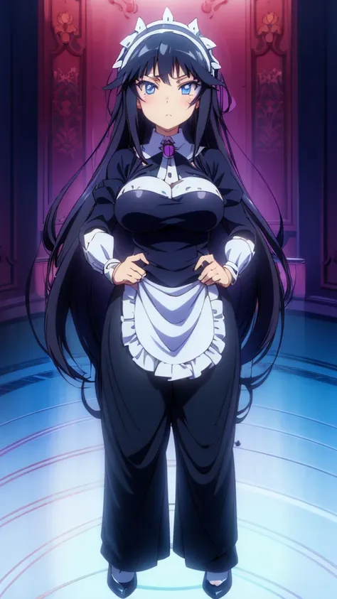 best quality, extremely detailed, anime style adult 1girl, long hair down to the waist, straight hair, dark black hair with bluish, beautiful detailed eyes, pinched eyes, dark blue eyes, huge breasts,curvy, ((((Male butlers outfit with elements of a prince...