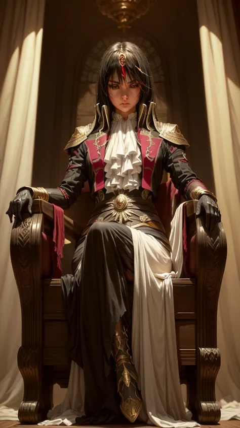 a detailed portrait of a girl with piercing eyes, beautiful facial features, and intricate, flowing black hair with red and golden highlights, sitting on an ornate throne inside a grand palace, character from a dark fantasy novel, (best quality,4k,8k,highr...