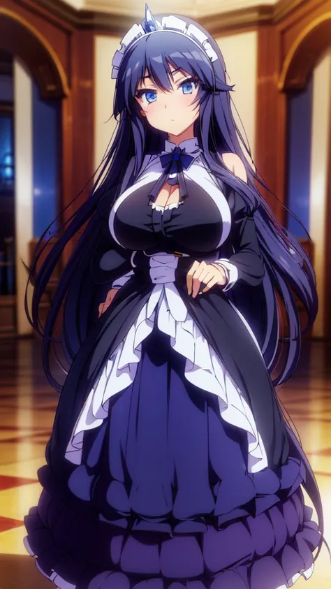 best quality, extremely detailed, anime style adult 1girl, long hair down to the waist, straight hair, dark black hair with bluish, beautiful detailed eyes, pinched eyes, dark blue eyes, huge breasts,curvy, ((((Male butlers outfit with elements of a prince...