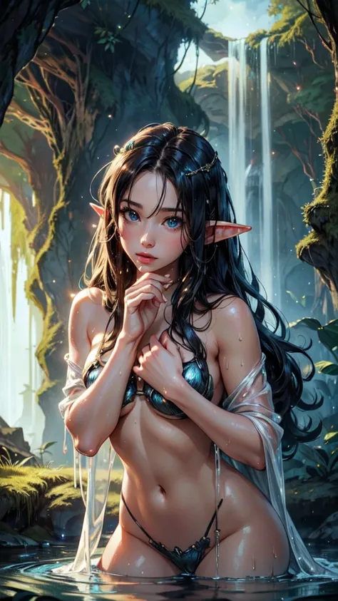 (Best Quality,4K,8K,hight resolution,masutepiece:1.2),Ultra-detailed,(Realistic,Photorealistic,Photorealsitic:1.37)fickle, Dreamy artwork that combines elements of "Waterfall Shower Girl Cave" In fantasy. The cave is located under a towering mushroom canop...