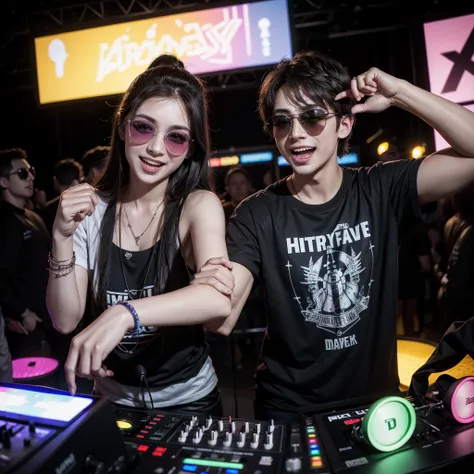 Two 25 year old DJ friends, happy, with sunglasses, putting sound at a rave