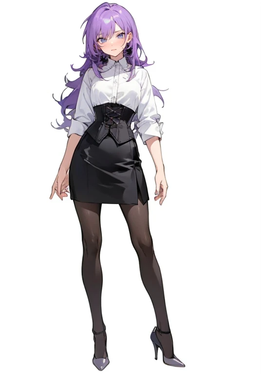 purple hair,long hair,adult female,white y-shirt,((roll up her sleeves)),(corset),(black tight skirt),(high heels),((a simple, b...