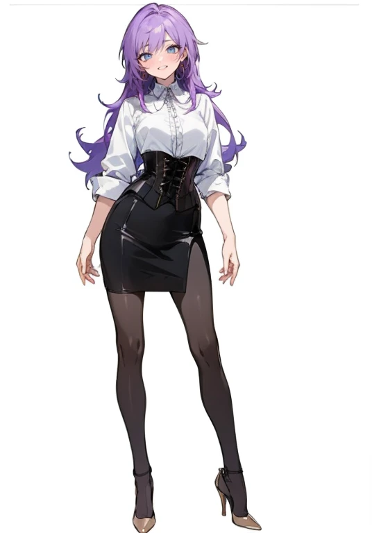 purple hair,long hair,adult female,white y-shirt,((roll up her sleeves)),(corset),(black tight skirt),(high heels),((a simple, b...