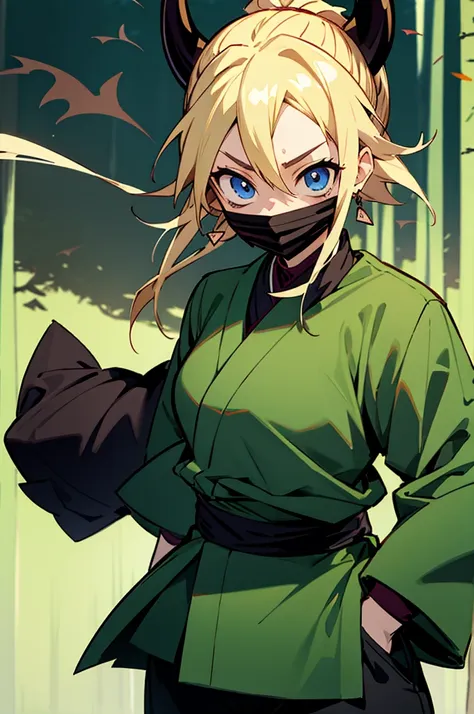 demon slayer outfit, female, blonde hair,ninja mask cover mouth, forest background, blue eyes, has kunais on their hip, facing t...