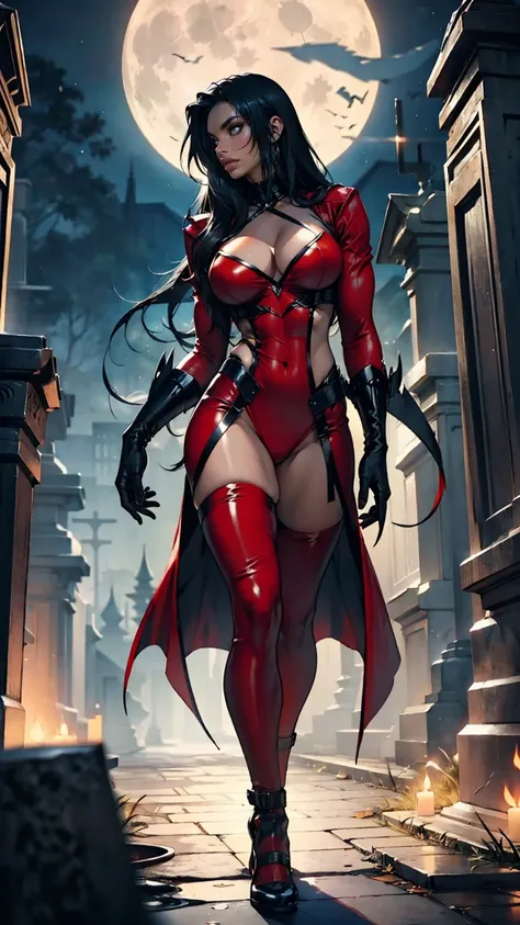 Megan fox as Vampirella, (wearing a red vampirella outfit:1.25), (muscular physique, pale skin, red glowing eyes:1.25), walking down a cemetery on a moonlit night, full moon, dark gothic atmosphere, thin legs, Realistic, Very detailed face and eyes, (maste...