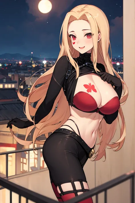 masterpiece, best quality, highres, aaluis, long hair, facial mark, mole under mouth, cleavage, breast tattoo, shrug (clothing), red bra, o-ring, long sleeves, black gloves, midriff, black belt, black pants, asymmetrical legwear, red thighhighs, smile, nig...