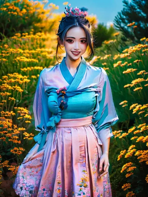 best quality, high_resolution, distinct_image, detailed background ,girl, hanbok,flower,garden,moon, night,dutch angle, wide shot, crown,  