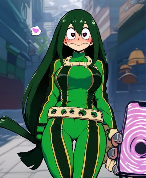 score_9_up, score_8_up, score_7_up, cowboy shot, 1girl, asui tsuyu\(boku no hero academia\), green hair, very long hair, low-tie...