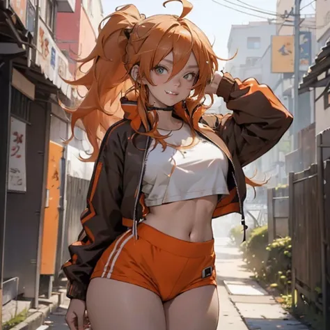 anime, 1 girl, alone, long orange hair, messy hair, split ponytail, hair over eyes, ahoge, brown eyes, smiling, outdoor, tracksuit jacket, yoga, big chest and huge thighs slim belly, Perfect sensual body 