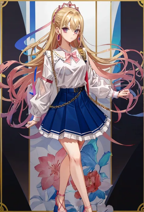 Eyecolor: Blue, Haircolor: Blond, Age: 15, Height: 165 cm, Weight: 59 kg, Skirt: red pleated left-cut-out mini-skirt, Top: Light pink Sleeveless shirt, Jacket: Denim Jacket, Shoes: White sneakers with pink accents, Watch: Apple Watch Ultra 2 (Wearing on Le...