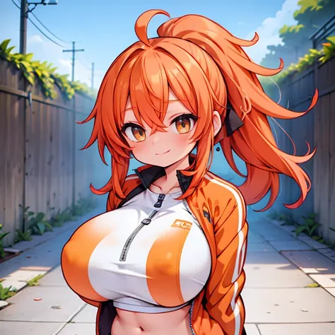 anime, 1 girl, alone, long orange hair, messy hair, split ponytail, hair over eyes, ahoge, brown eyes, smiling, outdoor, tracksuit jacket, yoga, big chest and huge thighs slim belly, Perfect sensual body 