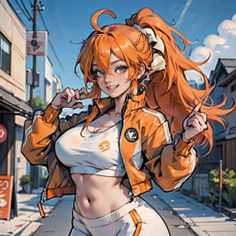 anime, 1 girl, alone, long orange hair, messy hair, split ponytail, hair over eyes, ahoge, brown eyes, smiling, outdoor, tracksuit jacket, yoga, big chest and huge thighs slim belly, Perfect sensual body 