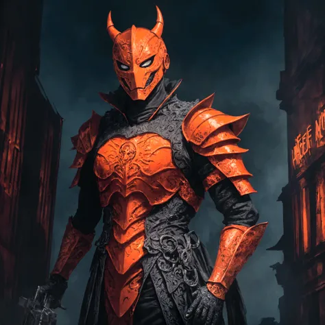 (extremely detailed 8k wallpaper), a medium shot photo of  Grim dressed as a scary masked orange nature-supervillain in an orange armour made of orange glowing armour from marvel, theme, intricate, high detail, dramatic, old building with orange signs in t...