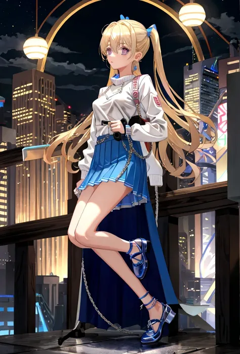 Eyecolor: Blue, Haircolor: Blond, Age: 15, Height: 165 cm, Weight: 59 kg, Skirt: blue left-open-side mini-skirt, Top: Light pink Sleeveless shirt, Jacket: Denim Jacket, Shoes: White sneakers with pink accents, Watch: Apple Watch Ultra 2 (Wearing on Left Ar...