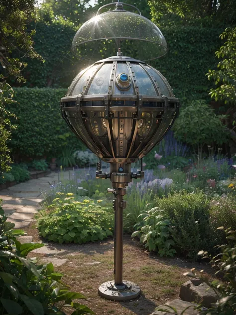 one organic steampunk mechanical, sci-fi ufo hanging over quartz-silicon coating , planted with plants, on the garden plot, high...